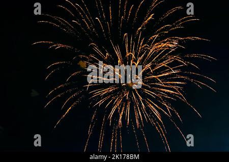 An explosion of bright single fireworks, against the background of the night sky. High quality photo Stock Photo