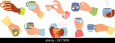 Hands with cups. Cartoon hand holding coffee cup, mug with hot drink and teacup vector illustration set Stock Vector