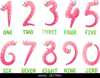 Worm number. Cartoon earthworms count and numbers learning for kids. Funny insects vector Illustration set Stock Vector