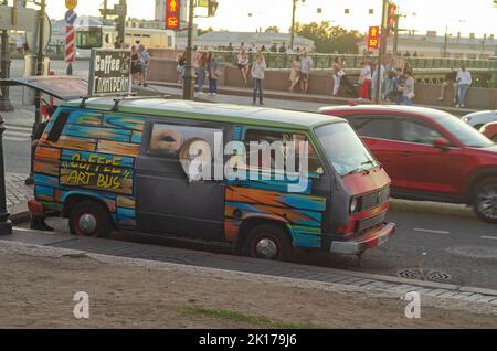 St.Petersburg,Russia-August 14,2022: Retro coffee cafe car on parking Stock Photo