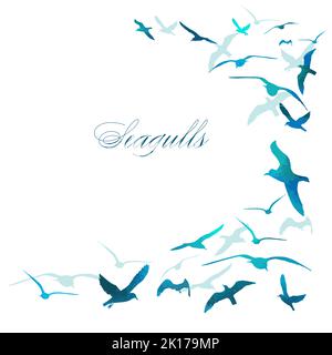 Blue seagulls flying on a white background. Vector illustration Stock Vector