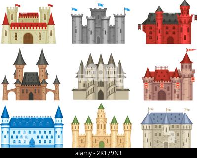 Medieval castles. Gothic palace, ancient king house and old kingdom castle tower vector set Stock Vector