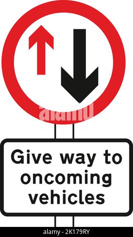 Give priority to vehicles from opposite direction, The Highway Code Traffic Sign, Signs giving orders, Signs with red circles are mostly prohibitive. Stock Vector