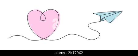 single line drawing of paper plane with heart shaped flight path, line art vector illustration Stock Vector