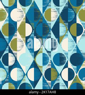 Geometric seamless pattern of rhombuses, triangles and circles chaotically painted in teal, olive, cream and light blue. Design for wallpaper, wrapping products, textiles, fabrics. Stock Vector