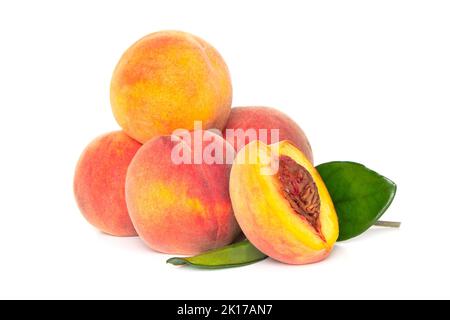 Peach fruit with leaf isolated on white background, Fresh Peach on a White Background Stock Photo