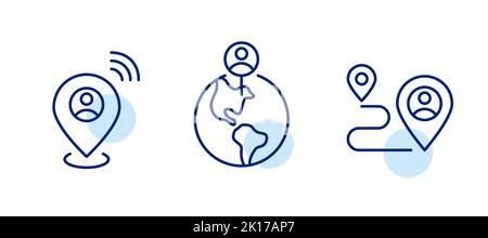 Set of map pointers showing personal device location. Pin on Earth globe and path tracking. Pixel perfect line art icons Stock Vector