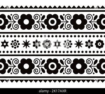 Polish folk art vector long vertical seamless textile or greeting card pattern with floral motif- Lachy Sadeckie in black and white Stock Vector