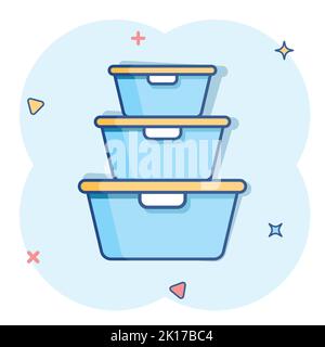 Food container icon in comic style. Kitchen bowl vector cartoon illustration pictogram. Plastic container box business concept splash effect. Stock Vector