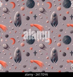 A spaceship among satellites, stars and planets. Space trip. Seamless pattern on a gray background. Illustration for fabrics, children's rooms, decor.