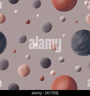 Textured planets. Endless space. Night travel. Seamless pattern on a beige background. Illustration for children's clothing, wallpaper, decor. Stock Photo