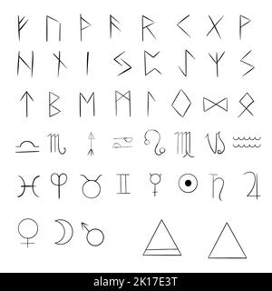 Mystical runic symbols: raster elements on a white background. Magic signs to create your own cards and designs. Stock Photo