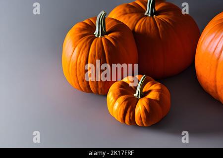 The different size orange pumpkins on gray surface - Halloween background with copyspace Stock Photo