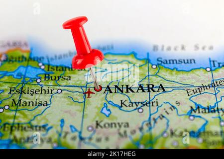 Ankara map. Close up of Ankara map with red pin. Map with red pin point of Ankara in Turkey. Stock Photo