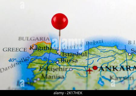 Istanbul map. Close up of Istanbul map with red pin. Map with red pin point of Istanbul in Turkey. Stock Photo