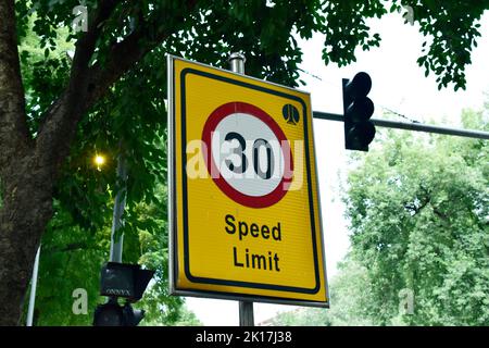 New Delhi, India - 14 September 2022 : Speed limit traffic rule, speed limit warning at road Stock Photo