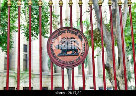 New Delhi, India - 14 September 2022 : RBI logo on main gate of reserve bank, ministry of finance under RBI Stock Photo