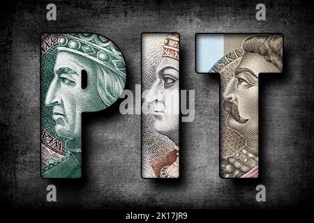 Inscription PIT (Personal income tax) text made of Polish Banknotes Stock Photo