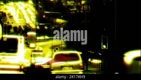 Image of statistical data processing against city traffic at night Stock Photo