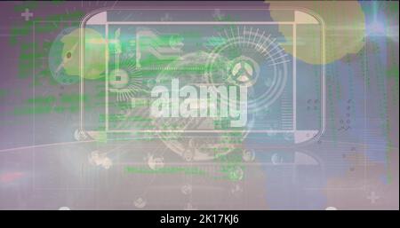 Image of data processing over clock and globe Stock Photo
