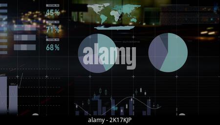 Image of statistical data processing against city traffic at night Stock Photo