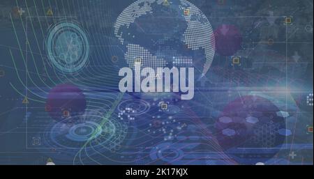 Image of data processing over clock and globe Stock Photo