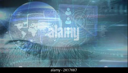 Image of data processing over clock and eye Stock Photo