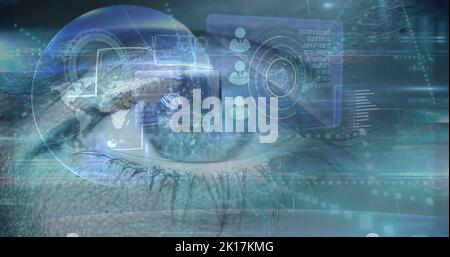 Image of data processing over clock and eye Stock Photo