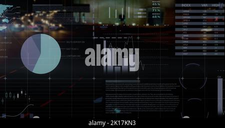 Image of statistical data processing against city traffic at night Stock Photo