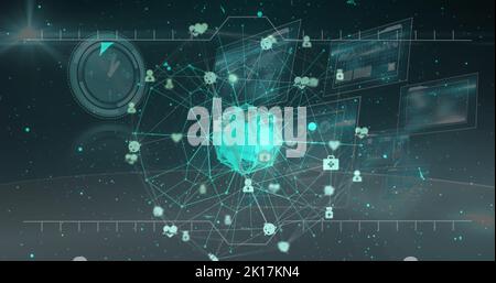 Image of data processing over clock and globe Stock Photo