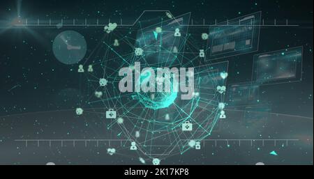 Image of data processing over clock and globe Stock Photo