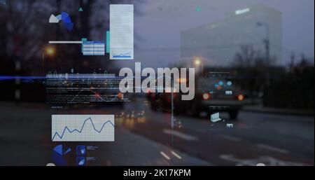 Image of statistical data processing against city traffic at night Stock Photo