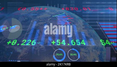 Image of data processing over globe and blue background Stock Photo