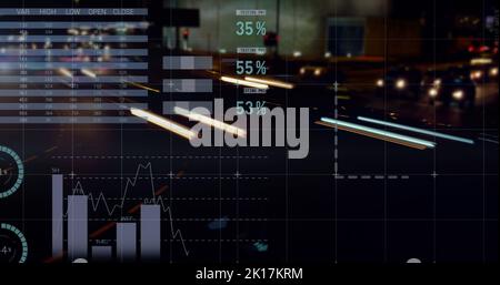 Image of statistical data processing against city traffic at night Stock Photo