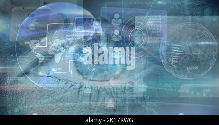 Image of data processing over clock and eye Stock Photo