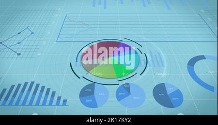 Image of financial data processing over financial graphs on blue background Stock Photo