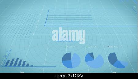 Image of financial data processing over financial graphs on blue background Stock Photo