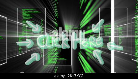 Image of click here text banner over screens with data processing black background Stock Photo