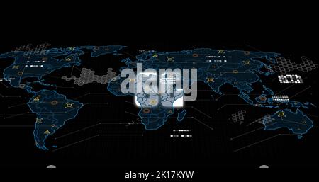 Image of 6g text with multicolored geometric shapes over digital map against black background Stock Photo