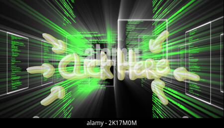 Image of click here text banner over screens with data processing black background Stock Photo