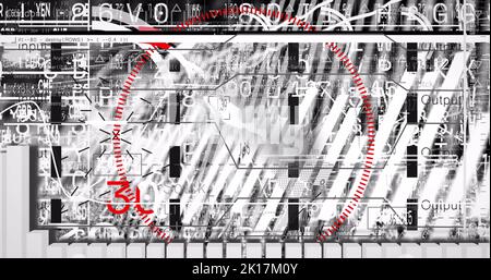 Image of red circle and glitch technique, graphs and alphabets over trading board Stock Photo