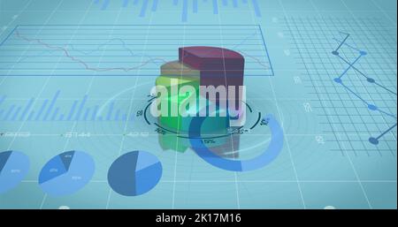 Image of financial data processing over financial graphs on blue background Stock Photo