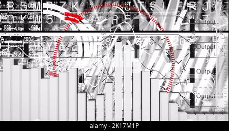 Image of red circle and glitch technique, graphs and alphabets over trading board Stock Photo