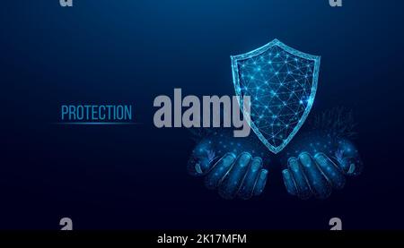 Two human hands hold a shield. Wireframe glowing low poly guard. Design on a blue background. Abstract futuristic vector illustration Stock Vector