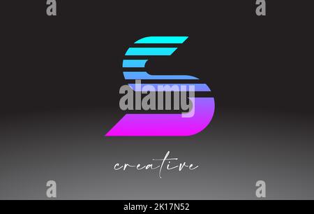 Purple Blue Neon Lines Letter S Logo Design with Creative Lines Cut on half of The Letter in Black and White Colors Vector. Stock Vector