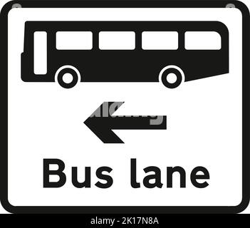 Bus lane on road at junction ahead, The Highway Code Traffic Sign, Signs giving orders, Signs with red circles are mostly prohibitive. Plates below si Stock Vector