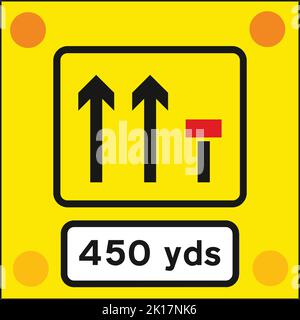 Signs used on the back of slow-moving or stationary vehicles warning of a lane closed ahead by a works vehicle. There are no cones on the road., The H Stock Vector