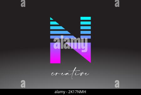 Purple Blue Neon Lines Letter N Logo Design with Creative Lines Cut on half of The Letter in Black and White Colors Vector. Stock Vector