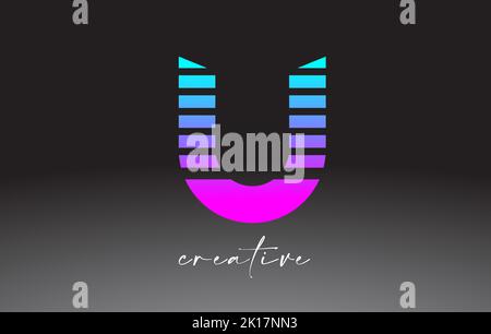 Purple Blue Neon Lines Letter U Logo Design with Creative Lines Cut on half of The Letter in Black and White Colors Vector. Stock Vector