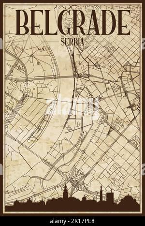 Framed downtown streets network printout map of PRAGUE, CZECHIA Stock Vector